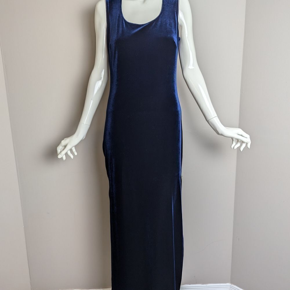 Vintage 90s Stretch Velvet Dress Blue Ankle Length Side Slit Minimalist Medium